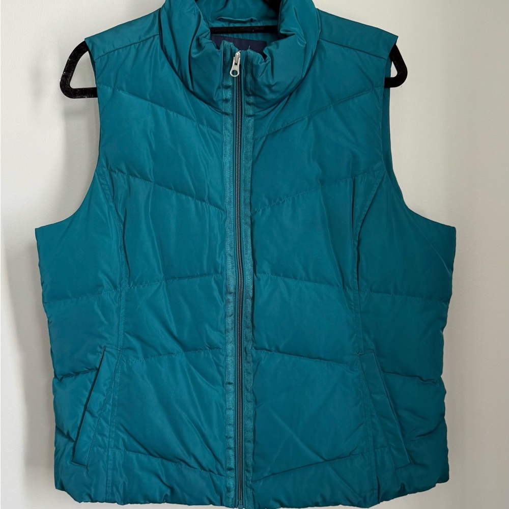 Lands' End Green/Blue Quilted Vest with High Collar
